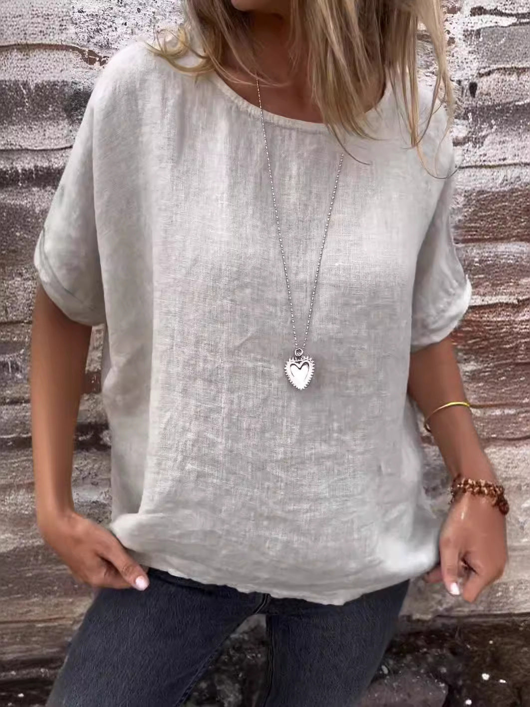 Solid Color Round Neck Half-sleeved Cotton Linen Blouse