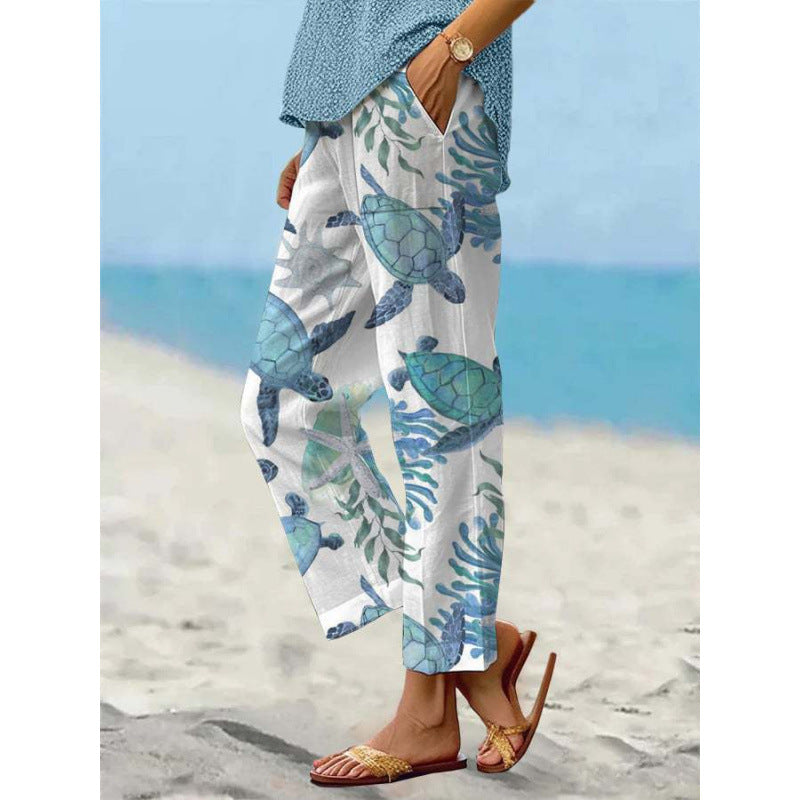 Women’s Sea Turtle Print Linen Pants – Relaxed Fit Beach Trousers with Pockets