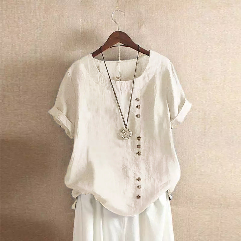 Vintage-Inspired Button Detail Linen Blouse for Women – Summer Casual Short Sleeve Top