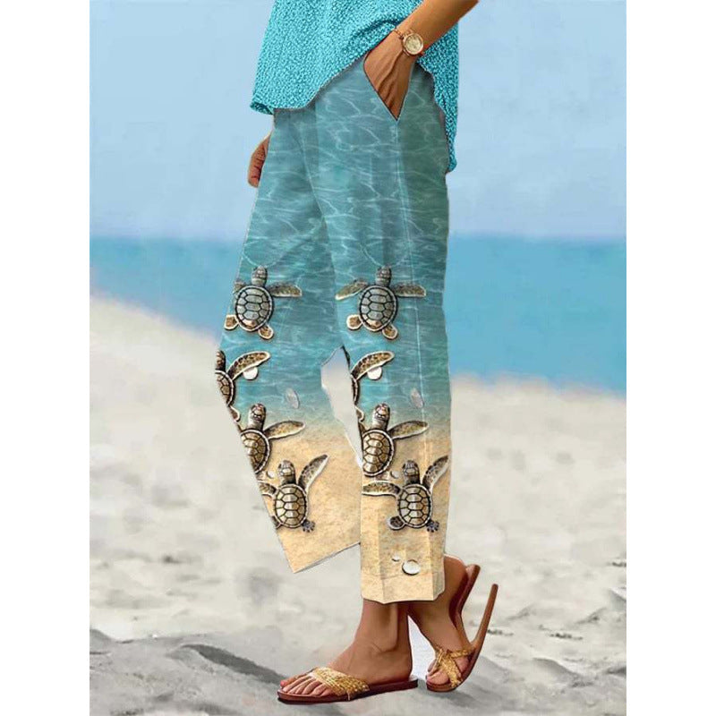 Women’s Sea Turtle Print Linen Pants – Relaxed Fit Beach Trousers with Pockets