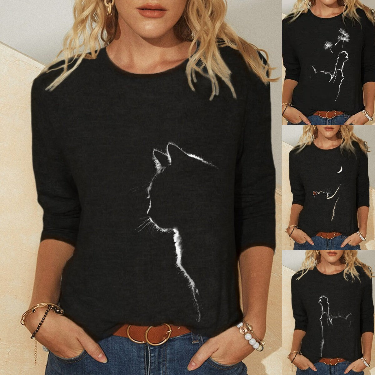 Women's Knitted Leisure Long-sleeved Animal Print Round Neck Casual T-shirt