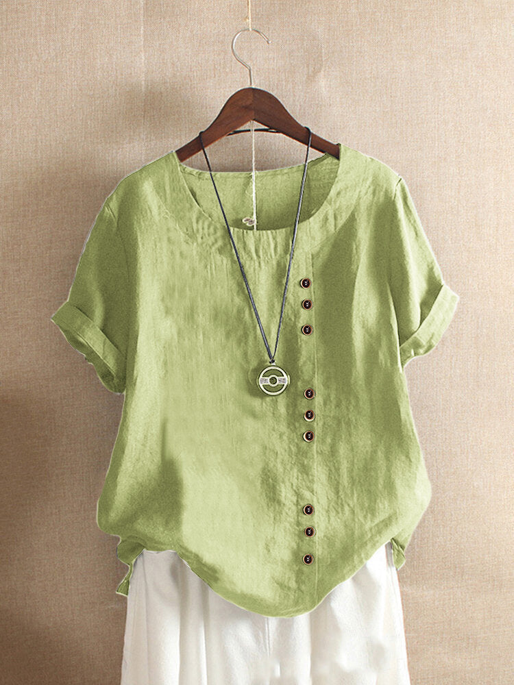 Vintage-Inspired Button Detail Linen Blouse for Women – Summer Casual Short Sleeve Top
