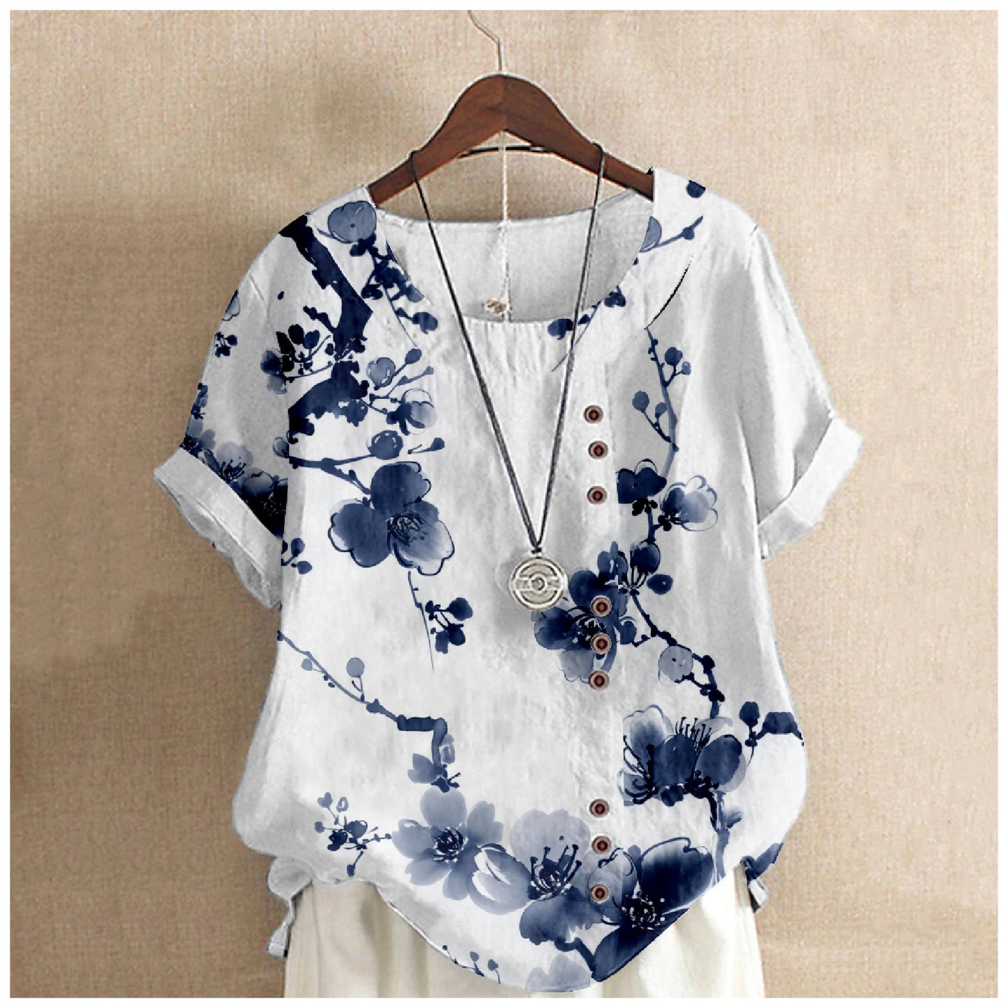Women's Elegant Bamboo Pattern Cotton And Linen Short Sleeve Top