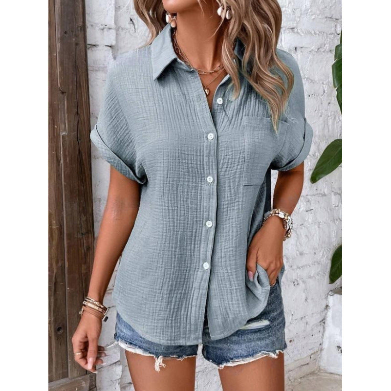 Women's Solid Color Button-Up Blouse – Short Sleeve Casual Shirt with Relaxed Fit (S–2XL)
