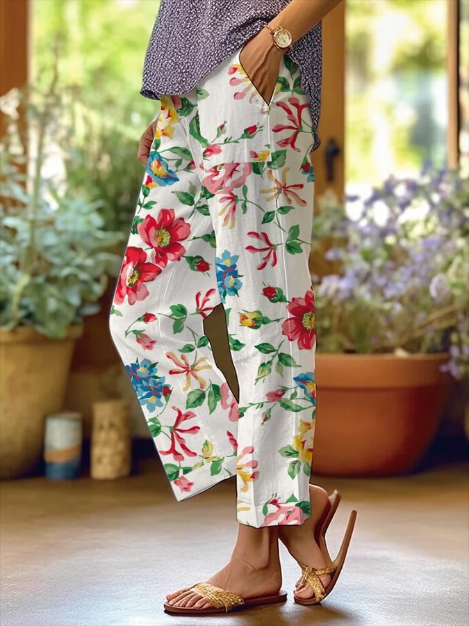 Women's Floral Print Loose-Fit Casual Pants with Pockets