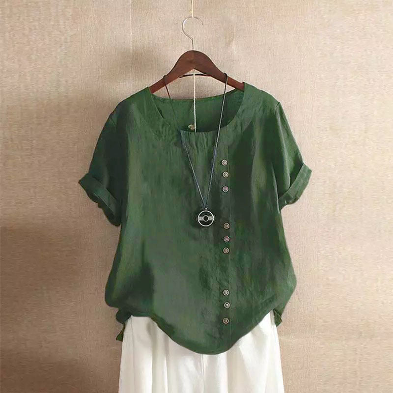 Vintage-Inspired Button Detail Linen Blouse for Women – Summer Casual Short Sleeve Top