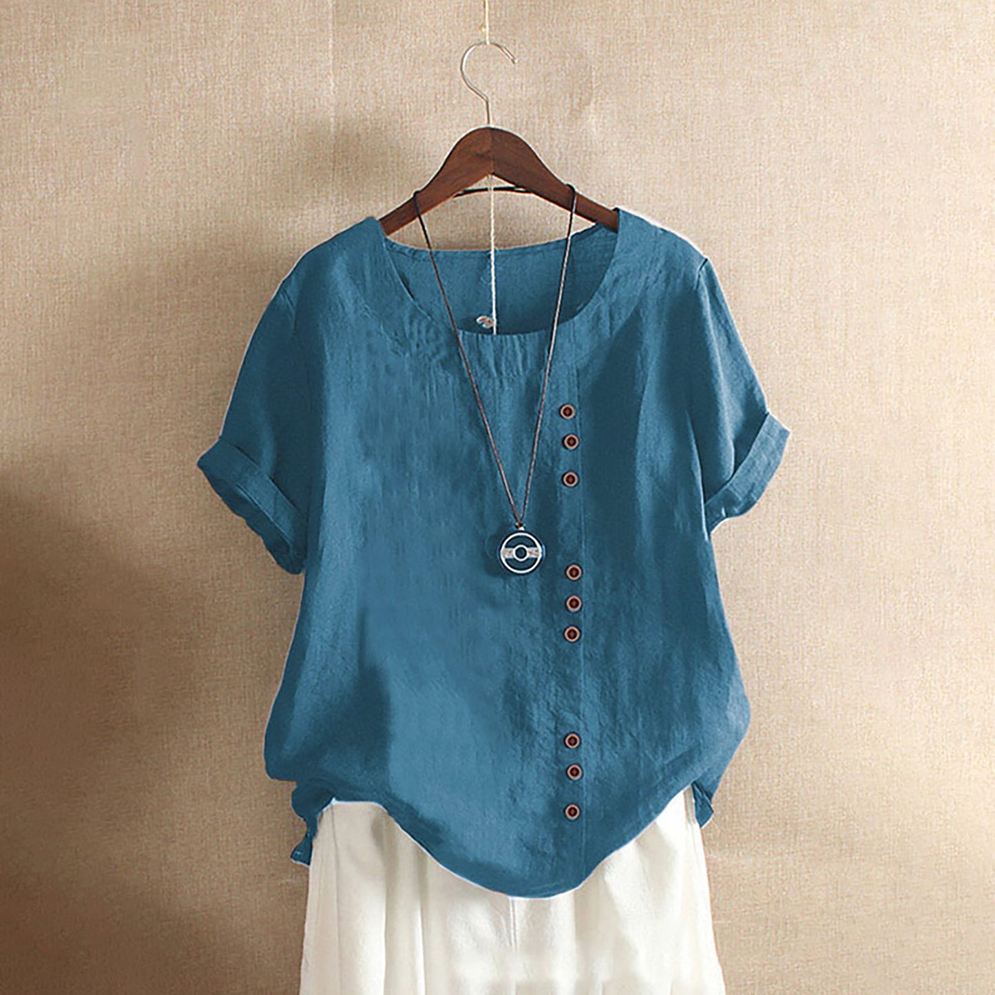 Vintage-Inspired Button Detail Linen Blouse for Women – Summer Casual Short Sleeve Top