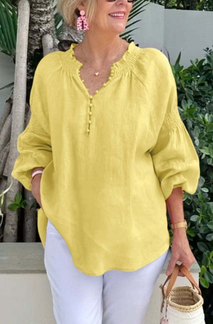 2025 Ladies Casual V-neck Solid Color Cotton and Linen Long Sleeve Top