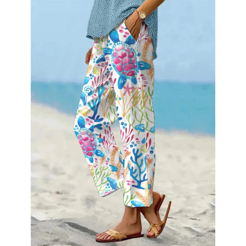 Women’s Sea Turtle Print Linen Pants – Relaxed Fit Beach Trousers with Pockets