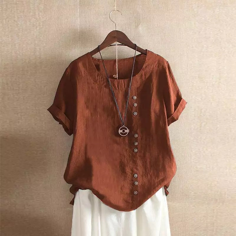 Vintage-Inspired Button Detail Linen Blouse for Women – Summer Casual Short Sleeve Top