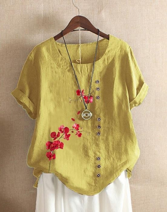 Women's Elegant Bamboo Pattern Cotton And Linen Short Sleeve Top