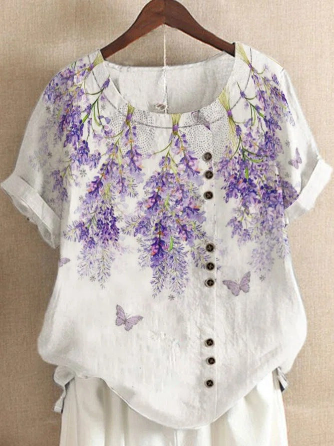 Women's Elegant Bamboo Pattern Cotton And Linen Short Sleeve Top