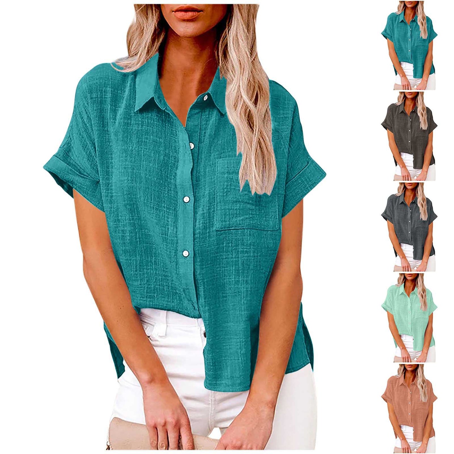 2025 solid color washed cotton shirt short sleeve casual loose shirt