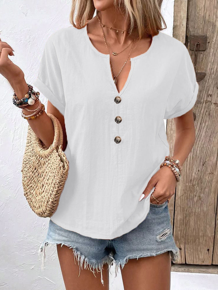Women's Solid V-Neck Blouse – Lightweight Short Sleeve Casual Shirt (S–5XL)