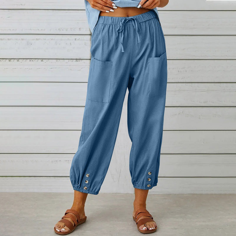 Solid Color Casual With Pocket Buttons Cotton Linen Trousers