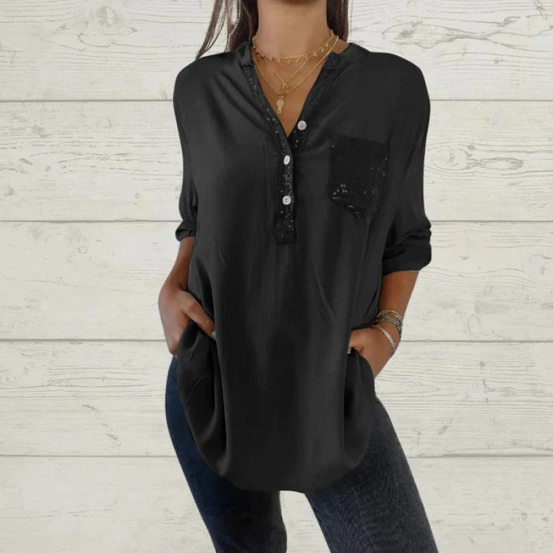 Women's V-Neck Sequin Patchwork Shirt