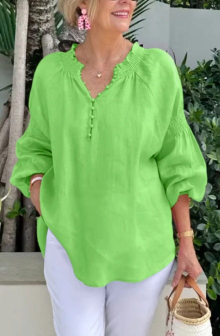 2025 Ladies Casual V-neck Solid Color Cotton and Linen Long Sleeve Top