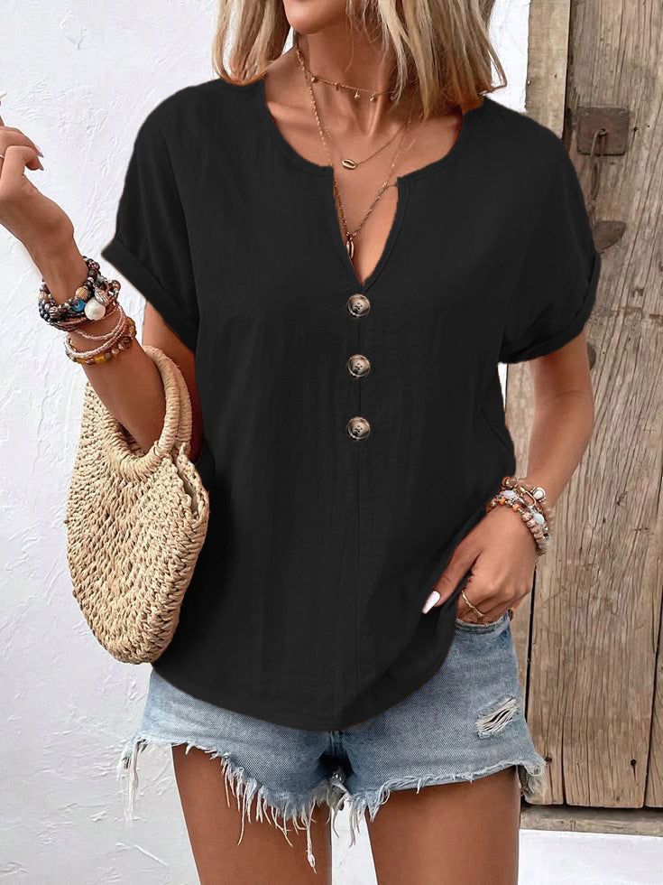 Women's Solid V-Neck Blouse – Lightweight Short Sleeve Casual Shirt (S–5XL)