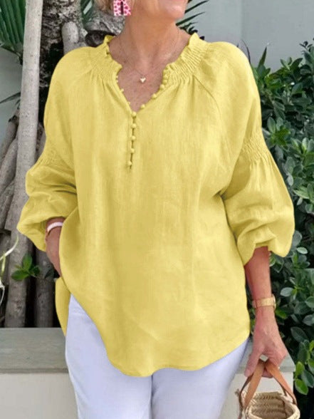 2025 Ladies Casual V-neck Solid Color Cotton and Linen Long Sleeve Top