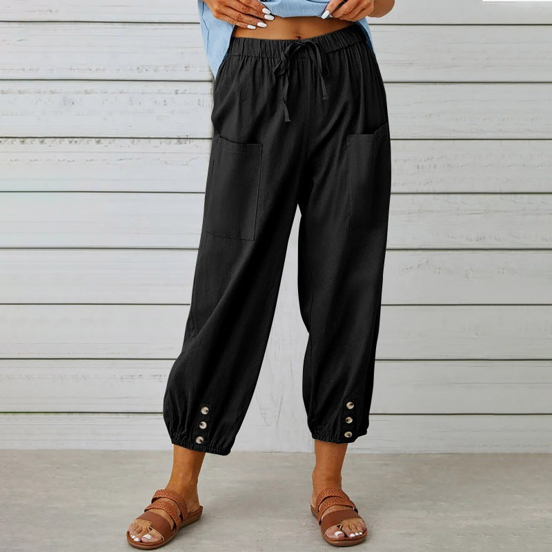 Solid Color Casual With Pocket Buttons Cotton Linen Trousers