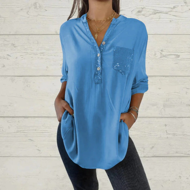 Women's V-Neck Sequin Patchwork Shirt