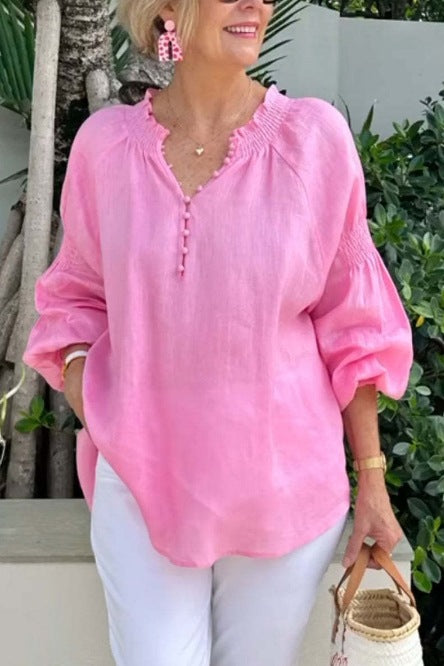 2025 Ladies Casual V-neck Solid Color Cotton and Linen Long Sleeve Top