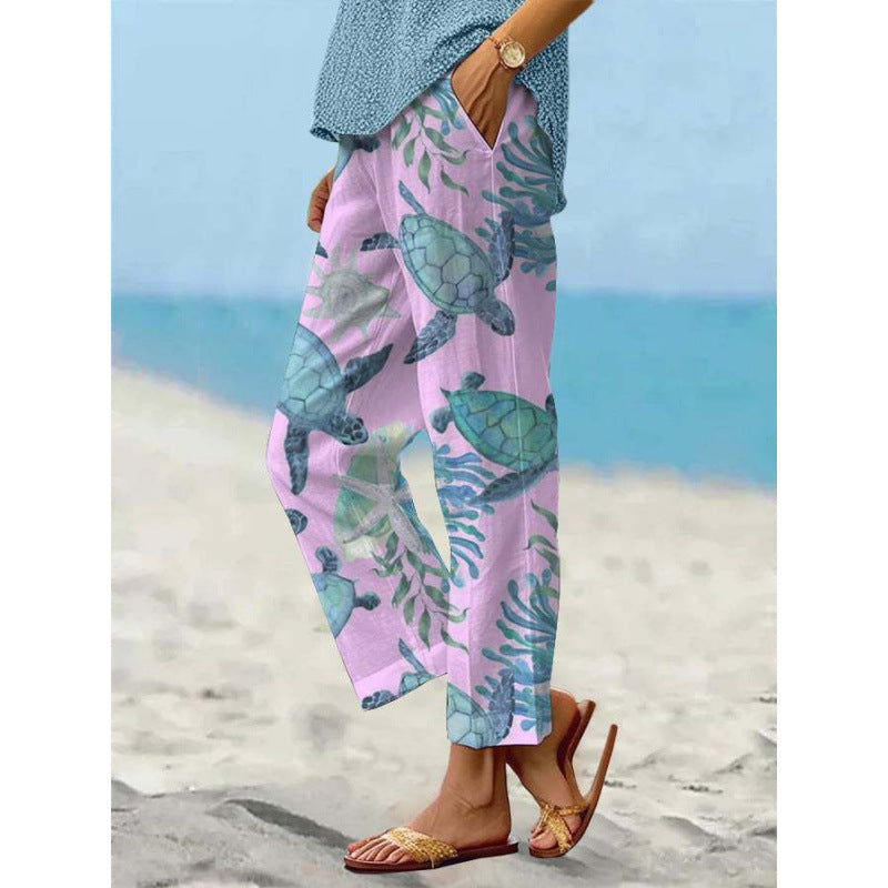 Women’s Sea Turtle Print Linen Pants – Relaxed Fit Beach Trousers with Pockets
