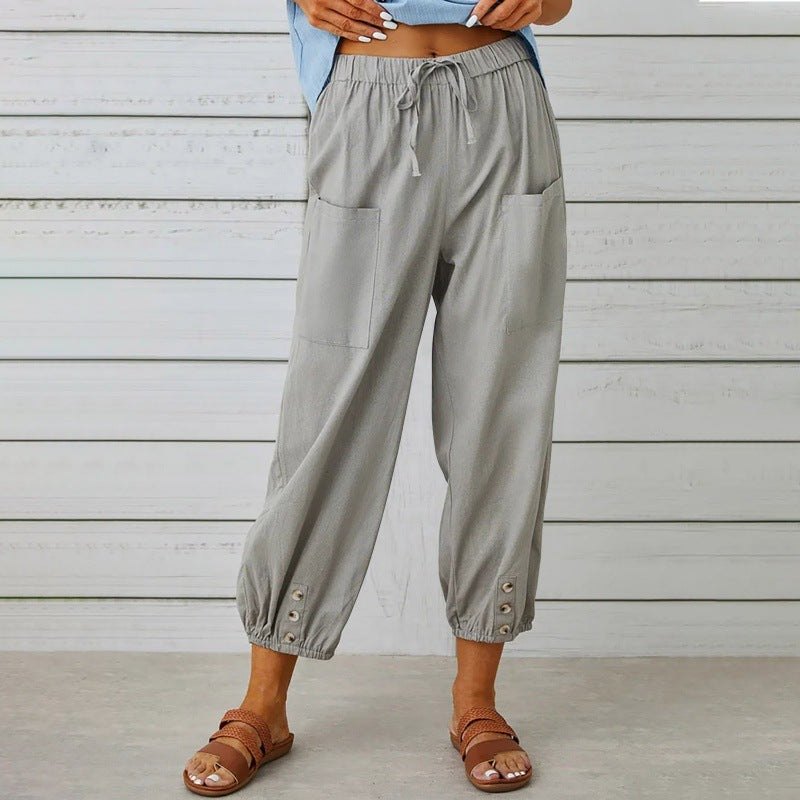 Solid Color Casual With Pocket Buttons Cotton Linen Trousers
