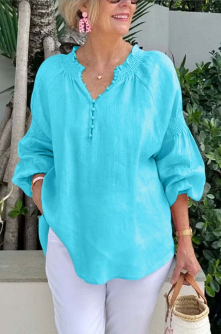 2025 Ladies Casual V-neck Solid Color Cotton and Linen Long Sleeve Top