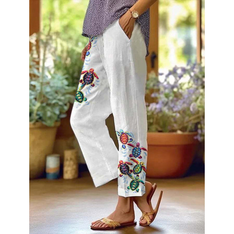 Women’s Sea Turtle Print Linen Pants – Relaxed Fit Beach Trousers with Pockets