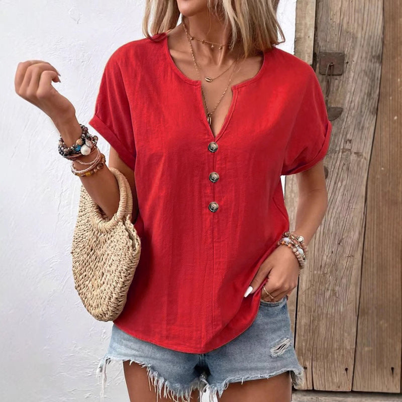 Women's Solid V-Neck Blouse – Lightweight Short Sleeve Casual Shirt (S–5XL)