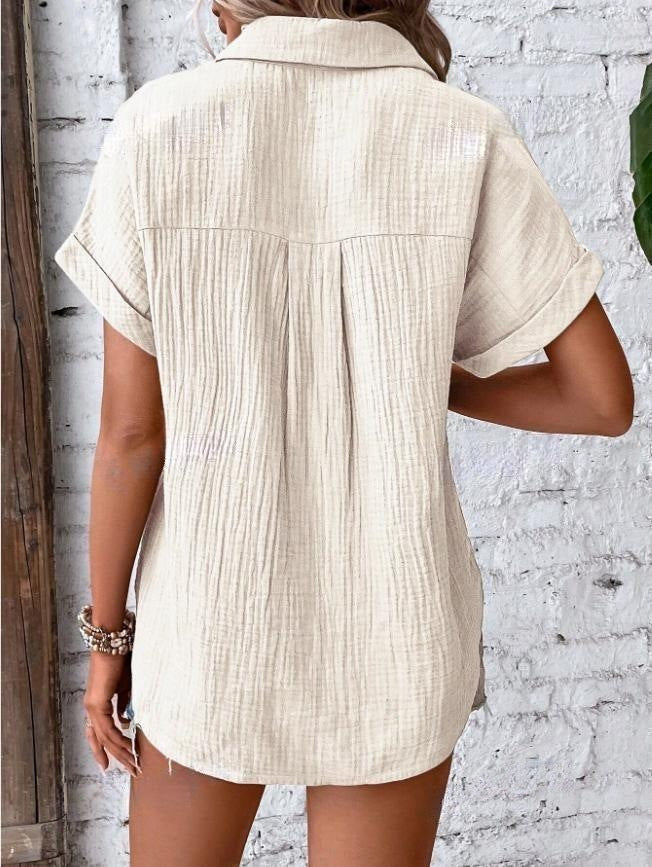 Women's Solid Color Button-Up Blouse – Short Sleeve Casual Shirt with Relaxed Fit (S–2XL)