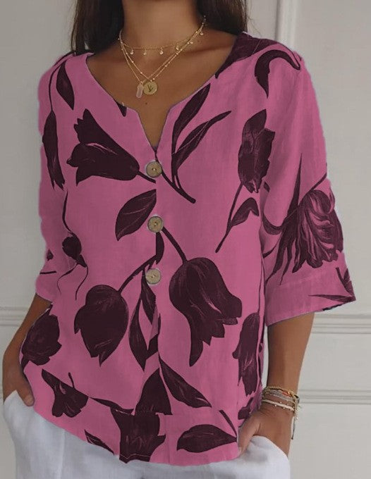 Printed Linen-Cotton V-Neck Short-Sleeve Pull-On Shirt