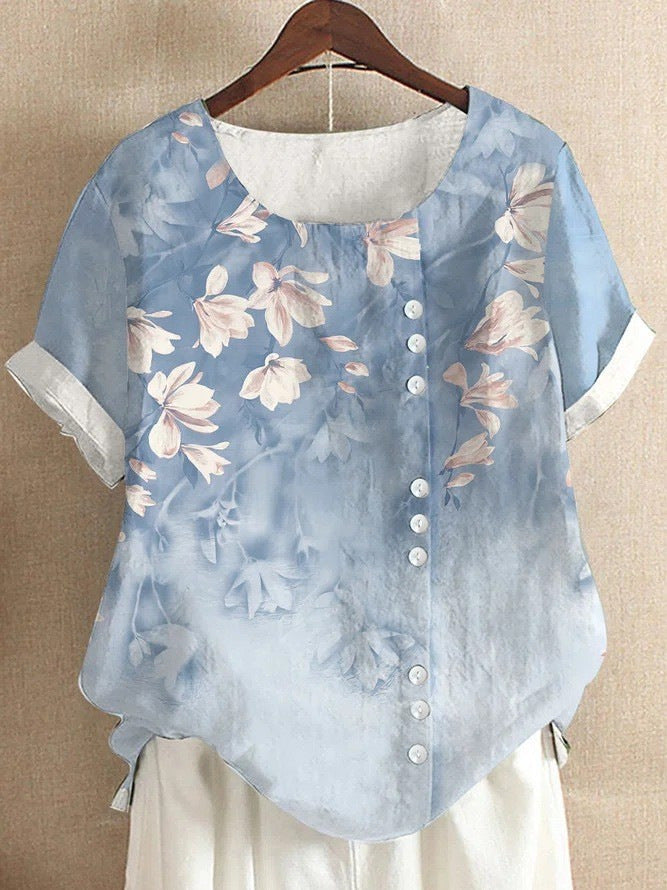 Women's Elegant Bamboo Pattern Cotton And Linen Short Sleeve Top