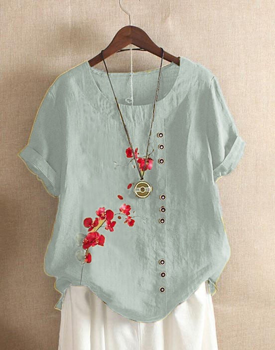Women's Elegant Bamboo Pattern Cotton And Linen Short Sleeve Top