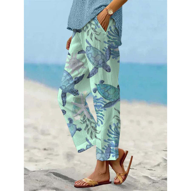 Women’s Sea Turtle Print Linen Pants – Relaxed Fit Beach Trousers with Pockets