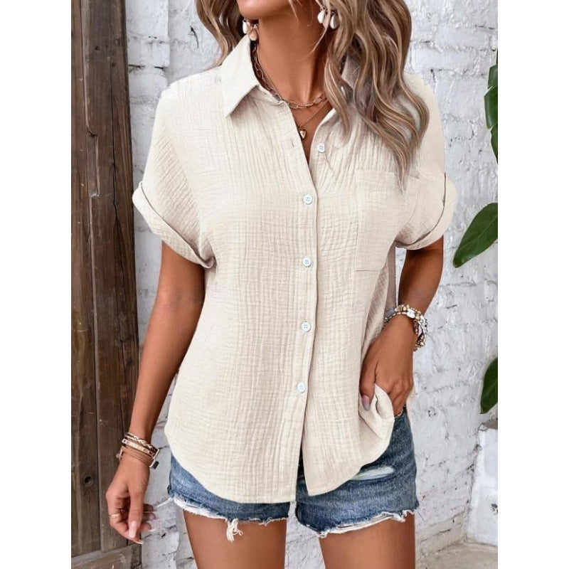 Women's Solid Color Button-Up Blouse – Short Sleeve Casual Shirt with Relaxed Fit (S–2XL)