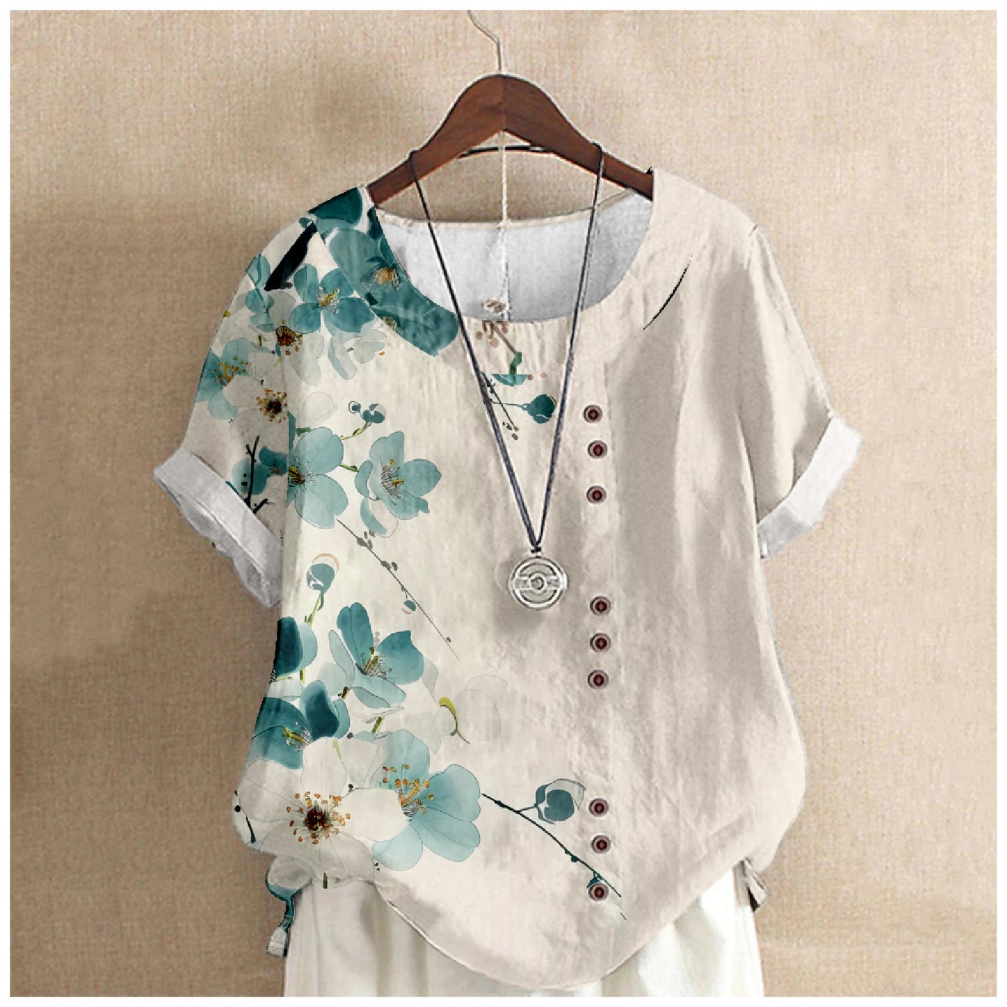 Women's Elegant Bamboo Pattern Cotton And Linen Short Sleeve Top