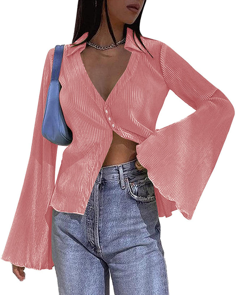 Women's Deep V Neck Shirt Button Front Blouse Bell Long Sleeve Tops - Zeagoo (Us Only)