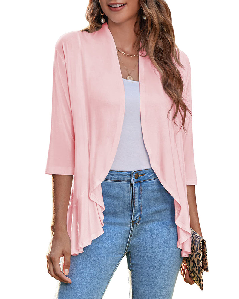 Women's Open Front Cardigan 3/4 Sleeve Draped Ruffles Soft Knit Sweaters - Zeagoo (Us Only)