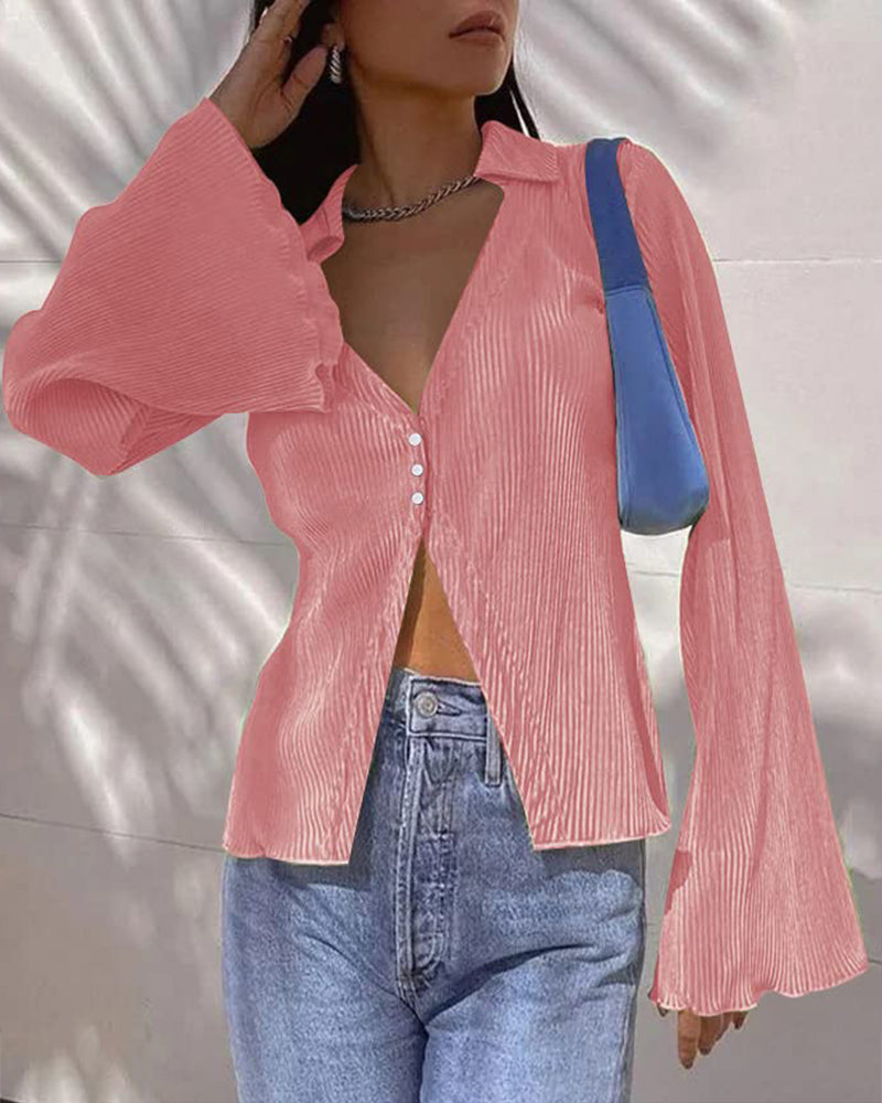 Women's Deep V Neck Shirt Button Front Blouse Bell Long Sleeve Tops - Zeagoo (Us Only)