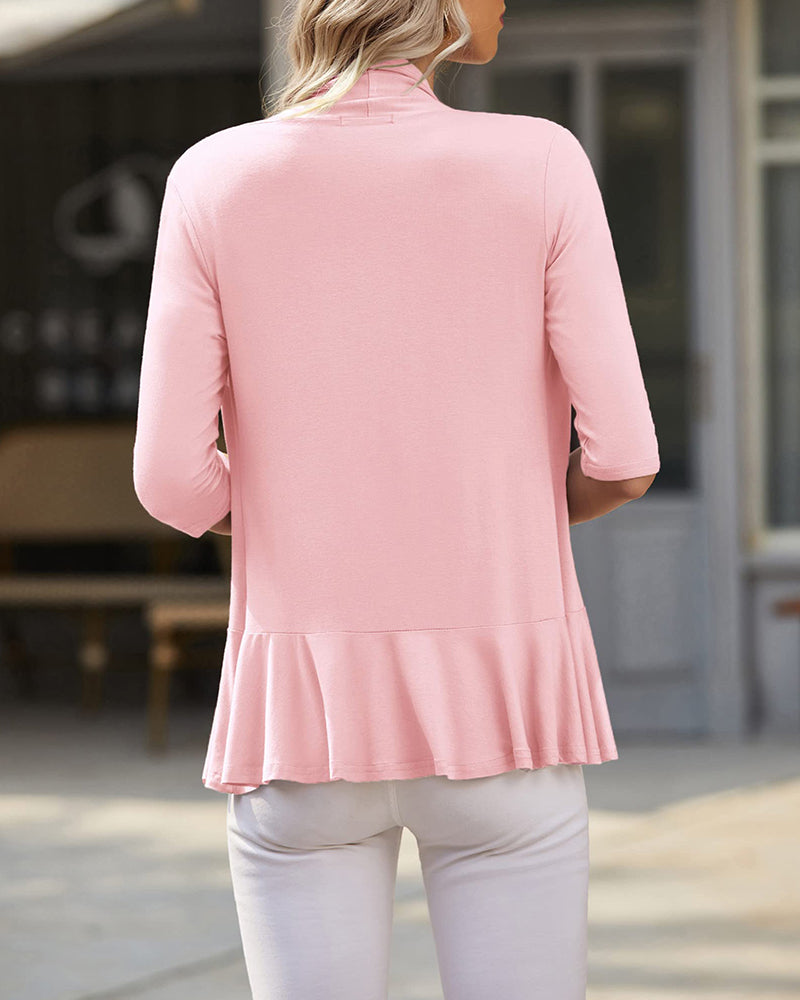 Women's Open Front Cardigan 3/4 Sleeve Draped Ruffles Soft Knit Sweaters - Zeagoo (Us Only)