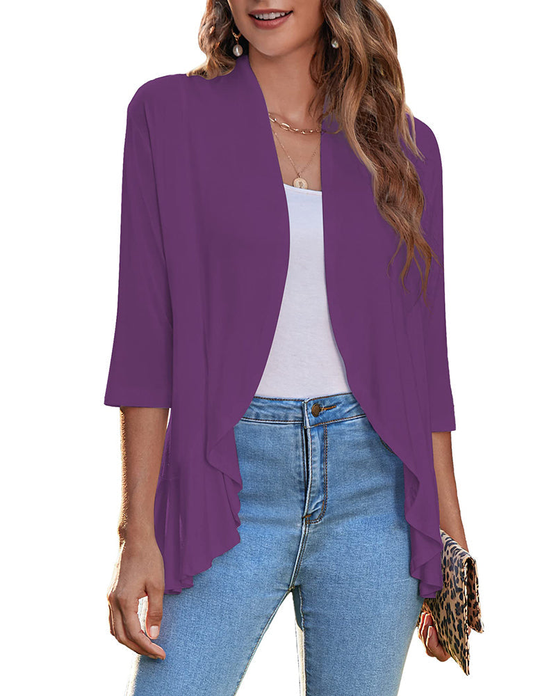 Women's Open Front Cardigan 3/4 Sleeve Draped Ruffles Soft Knit Sweaters - Zeagoo (Us Only)