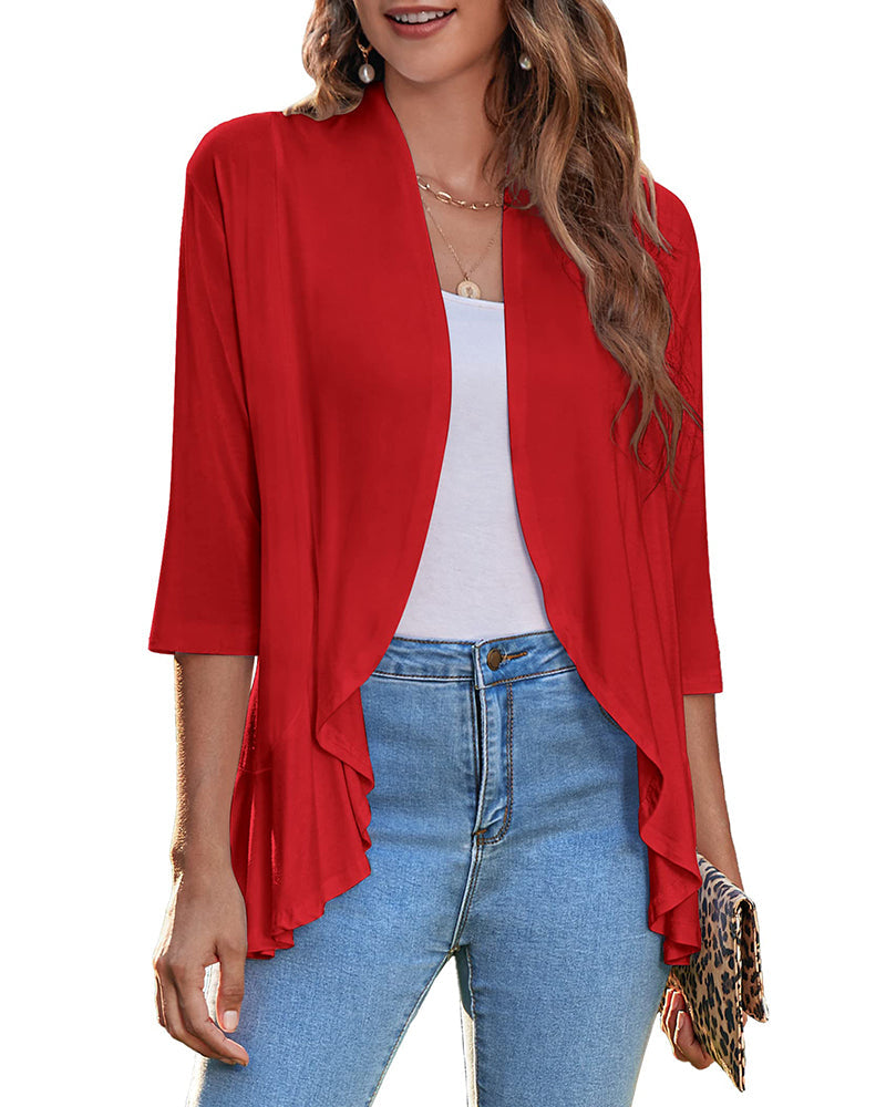 Women's Open Front Cardigan 3/4 Sleeve Draped Ruffles Soft Knit Sweaters - Zeagoo (Us Only)