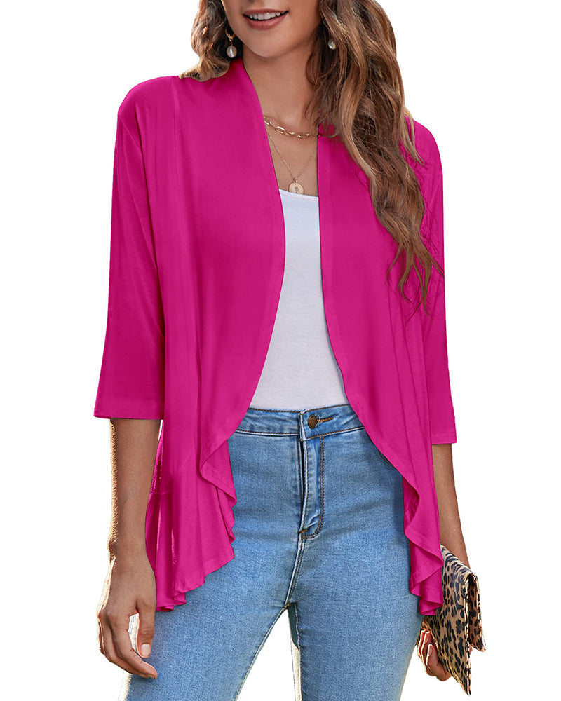 Women's Open Front Cardigan 3/4 Sleeve Draped Ruffles Soft Knit Sweaters - Zeagoo (Us Only)