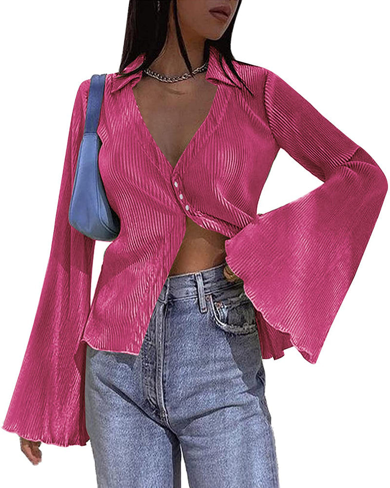 Women's Deep V Neck Shirt Button Front Blouse Bell Long Sleeve Tops - Zeagoo (Us Only)