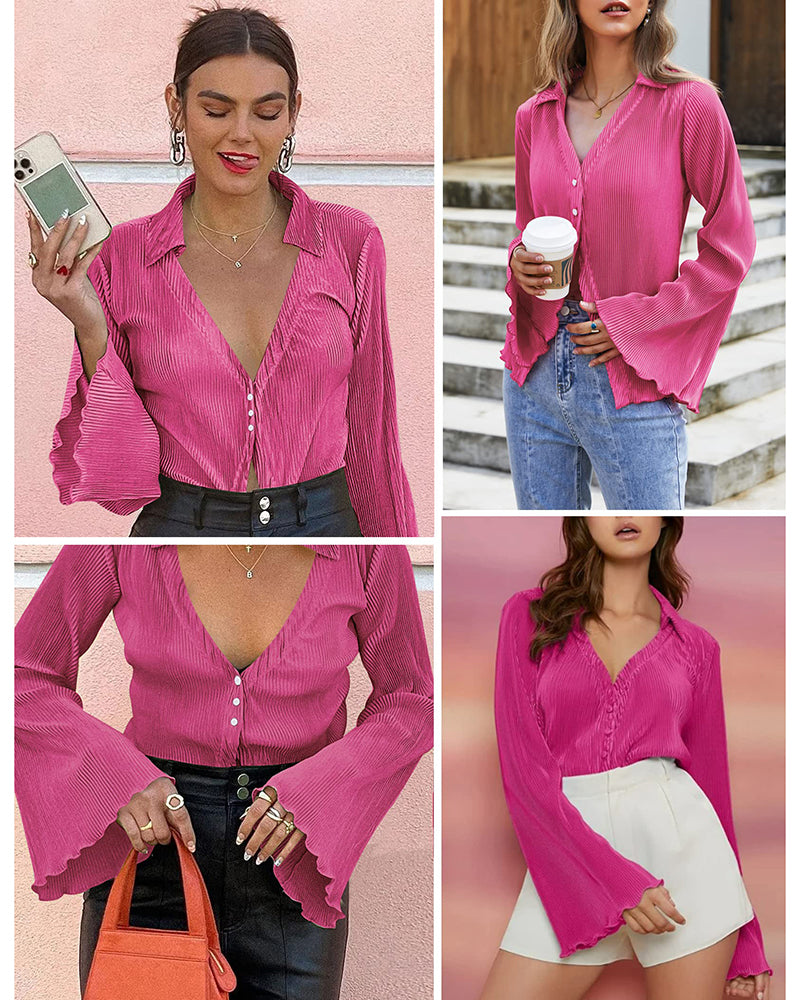 Women's Deep V Neck Shirt Button Front Blouse Bell Long Sleeve Tops - Zeagoo (Us Only)
