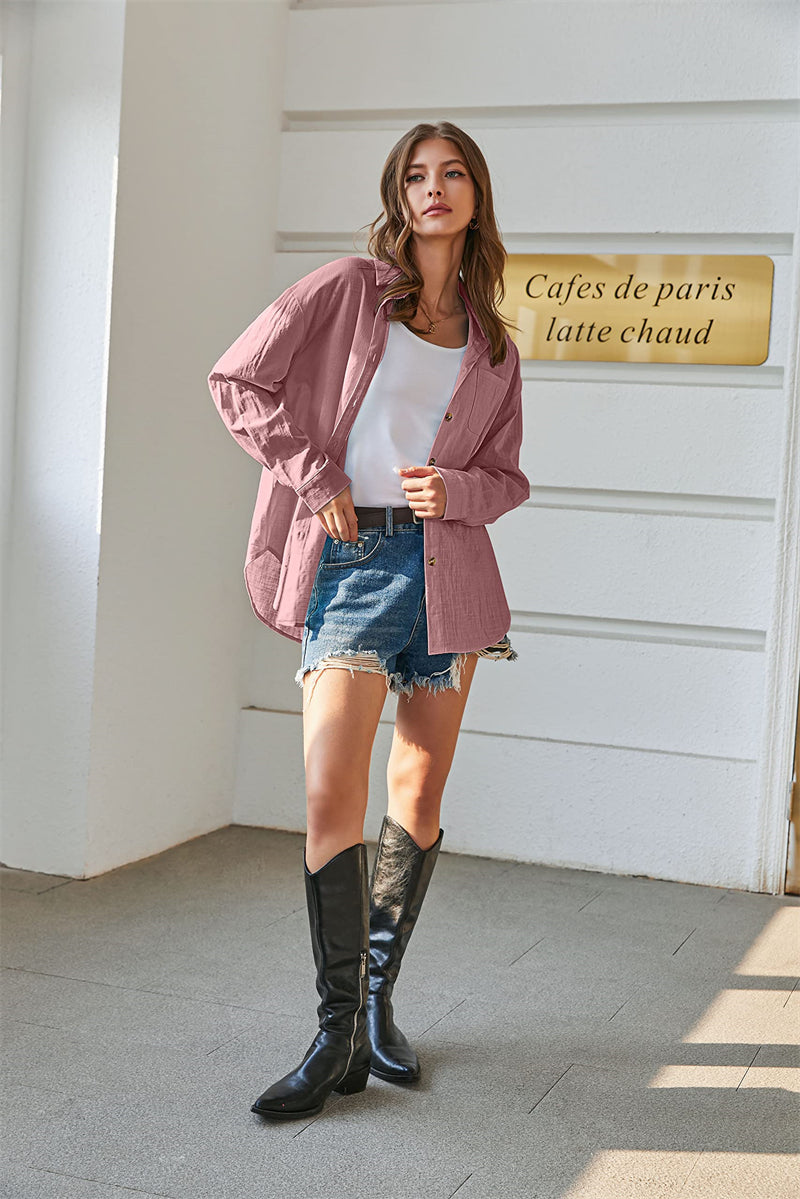 Color Block Button Down Shirts Long Sleeve Linen Shirt-Zeagoo