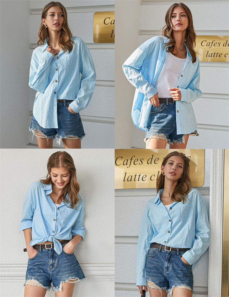 Color Block Button Down Shirts Long Sleeve Linen Shirt-Zeagoo