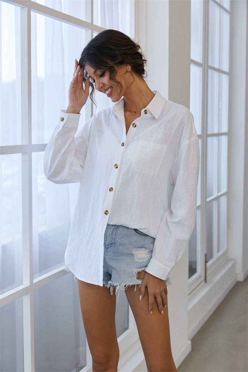 Color Block Button Down Shirts Long Sleeve Linen Shirt-Zeagoo